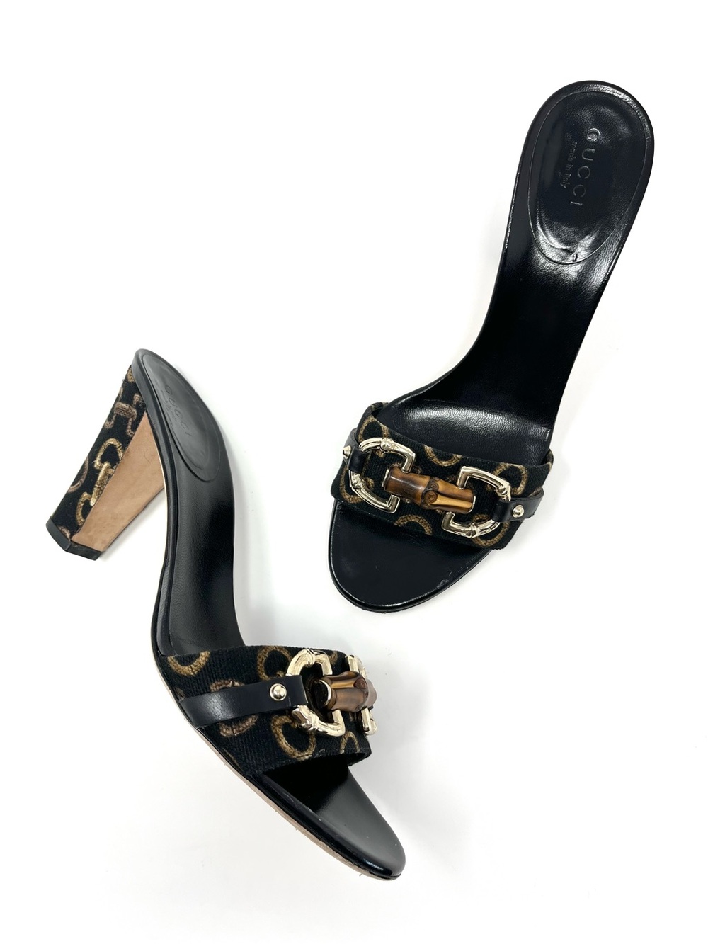 Vintage Vtg Gucci By Tom Ford 90s Black Bamboo Horsebit Sandals Slides Heels 6.5